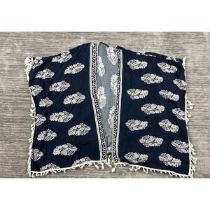 Jodifl Kimono Women Large Navy Blue Floral Paisley Tassel Fringe Open Front Wrap